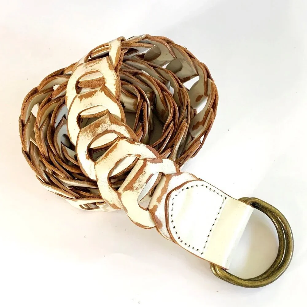 Vintage Express Womens Off White Genuine Leather Distressed Loop Belt Size Large